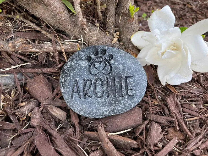 Grave Marker   Custom Engraved Pet Memorial Stone Heart Paw Print Memorial Rock