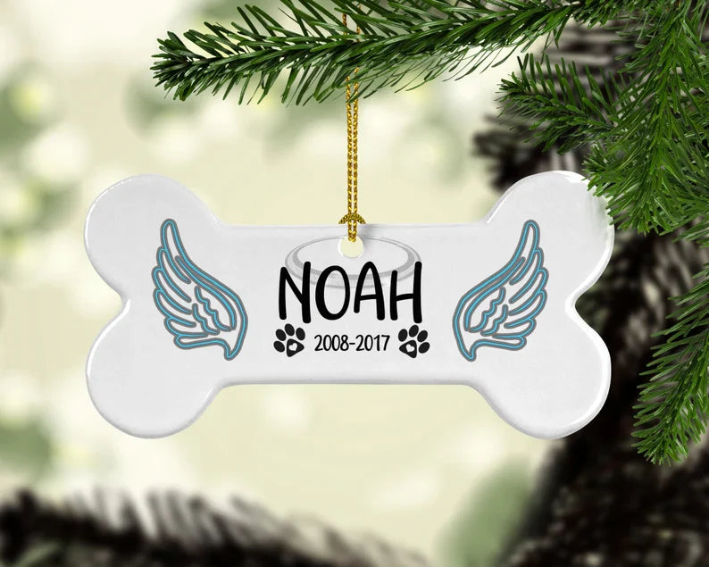 Angel Wings bone shape ornament, Tree hanger, Christmas lights Ornament, Personalized, Dog Bone Shaped, Pet ornament