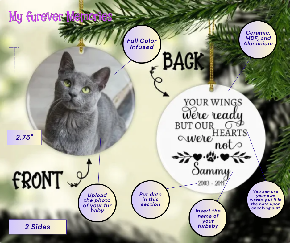 Personalized Cat Memorial Ornament   Your Wings Were Ready But Our Hearts were Not  Personalized Picture Keepsake