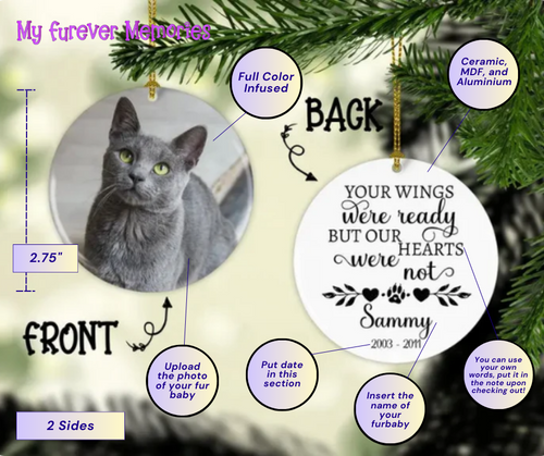 Personalized Cat Memorial Ornament   Your Wings Were Ready But Our Hearts were Not  Personalized Picture Keepsake